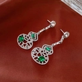 Silver-plated hollow gourd drop earrings with green gems and white zircon inlay - No.40 925 Silver Needle Silver Green