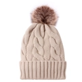 Women's beige knitted beanie with cable knit pattern and large faux fur pompom decoration - One Size / Off White