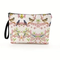 Florale Kosmetiktasche mit Vogelmotiven, schwarzem Reißverschluss und Leinen-Textur - 17*25cm (Mit Gurtband-Handschlaufe) / Blumen- und Vogeldruck (Stil 1)