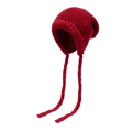 Gorro de punto rojo grueso con orejeras y cordones largos para mujer en invierno - Burdeos