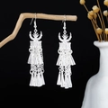 Detail of silver tassel earrings with ethnic horn totem hanging on a wooden branch - Horn Totem Cone Tassel Style E5658