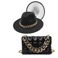 Detail of wool jazz fedora hat and matching quilted shoulder bag with gold chains - M (56-58cm) / Black+White