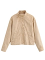 Close-up of beige suede jacket showing soft fabric texture and metallic snap buttons - XS / Khaki