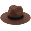 Classic dark brown Panama straw hat with black ribbon band and wide brim for sun protection - One Size / Coffee