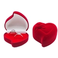 Red heart-shaped velvet jewelry box with rose relief and silver rings inside - White Top Red Bottom / Heart Flower Skewed Double Ring / Red