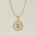 Gold stainless steel snake chain necklace with a white shell pendant featuring a 3D letter S - Letter S