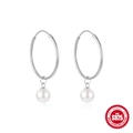 Minimalist S925 sterling silver hoop earrings with elegant hanging pearl pendants - Simple Hoop Pearl Dangle / White Gold
