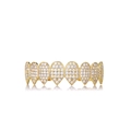 Detailed macro view of gold-plated hip hop grillz with full white diamond encrusting - Gold (Upper Teeth)