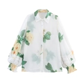 Elegante camicetta in chiffon bianca a fiori con maniche a lanterna e volant da donna - XS / Bianco