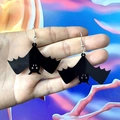 Fashionable black acrylic bat earrings with silver metal hooks for Halloween costume - Style A (Single Large Bat)