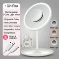 Pink desktop LED makeup mirror with three light modes and 5x magnifying lens - Rechargeable Tri-Color + 5x Mirror / White