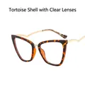 Cat eye glasses frames with leopard print texture and curved golden metal temples - Clear Lens / Leopard Print