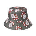 Vue détaillée du chapeau bob gris avec des motifs de champignons mignons et coutures - Champignon Souriant Gris (A)