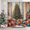 Christmas shower curtain featuring a decorated tree and fireplace scene on waterproof fabric - Christmas Tree & Blue Gifts (22SDYL4C) / 90*180cm