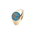 Golden Hamsa hand ring with blue enamel and white zircon details on a white background - Adjustable Open / Blue