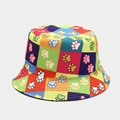 Close-up of colorful checkered bucket hat featuring cartoon paw prints and wide brim - M (56-58cm) / Colorful Plaid Dog Paw Print