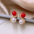 Elegant gold S-shaped earrings with sparkling rhinestones, red beads and white pearls - Gold S-Shape Rhinestone Red White Bead Style (HE13041)