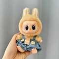 Labubu doll outfit featuring a yellow plush bunny hood and blue denim overalls - Cowboy Happy Bear / First And Second Generation Keychains Are Compatible With La Cloth Dolls. Dolls Not Included.