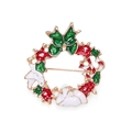 Christmas wreath brooch in gold alloy with red berries, green bow and white dove charm - Dove Wreath