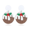 Festive Christmas pudding earrings with brown glitter and holly leaves on white background - Snow Scene Round Plate Earrings