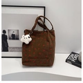 Brown corduroy bucket bag with red strawberry patterns and a white plush ghost charm - Brown with Pendant