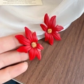 Vibrant red flower stud earrings with golden texture held by hand for size reference - 71# Silver Earring Post - Red