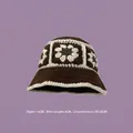 Handmade crochet bucket hat in dark brown with white flower pattern and scalloped edge - M (56-58cm) / Sunflower Basin Hat Coffee