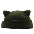 Cute cat ear beanie hat in army green color with a trendy knit rolled edge design - 58-61cm (Stretchable) / Army Green