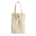White popcorn textured car tissue holder with 3D floral accent and hanging strap - Beige Bubble Fabric-Beige Large 6-Petal Flower