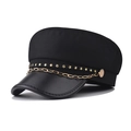 Berretto stile militare nero in pelle PU con catena dorata e borchie a stella eleganti - M (56-58cm) / Nero Con Catena a Stella Dorata