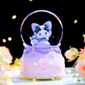 Purple Meromi crystal ball music box with rabbit and cake base in a dreamy light - 006 Standing Posture / Large 100 Snow+Light+Music