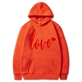 Orange hoodie for women featuring a red love print with a front kangaroo pocket - S / Tops / Orange