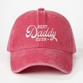Close-up of white BEST Daddy EVER embroidery on washed pink cotton baseball cap - One Size / Watermelon red