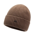Dunkelbraune Strickmütze für Herren mit Fleecefutter und Berg-Logo für den Winter - Khaki