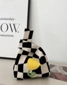 Knitted checkered tote bag with yellow flower embroidery and black white stripe pattern - Black and White Plaid Yellow Flower