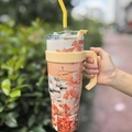 40oz stainless steel travel tumbler with handle and floral landscape pattern in beige - 1250ml / Wood Bell Flower Town