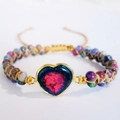 Handmade heart charm bracelet with pink and blue emperor stone beads and golden cord - Purple