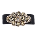 Elastic black waist belt with a large gold crystal rhinestone floral buckle for dresses - Champagne Rhinestone