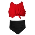 Two-piece girls bikini set featuring a red bow-tie top and black high-waisted pleated bottoms - Red/Black Two-Piece Set (Ruffled Bottom)