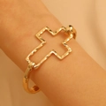 Golden chunky wide cuff bracelet featuring an open cross design and hammered texture finish - Gold Cross Style (7875)