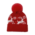 Berretto natalizio rosso con pompon e motivi jacquard di renne e fiocchi di neve bianchi - M(56-58cm) / Rosso