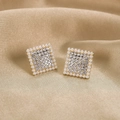 Elegant square gold earrings with grid crystal pavé and white pearl border on silk - 29# Zircon Geometric Studs