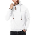 Detail of white men's heavy fleece hoodie featuring half-zip collar and metal drawstrings - White