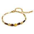 18K gold plated stainless steel bracelet featuring tiger eye beads and face charms - Retro Bohemian Style (Gold-1) / Gold-Tiger Eye (Gold-1)