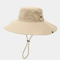 Detail of 12cm wide brim sun hat showing metallic air vents and adjustable chin strap - One Size / Beige