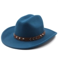 Detailed view of royal blue wool fedora with brown leather band and silver metal studs - M (56-58cm) / Teal