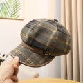 Gray and yellow plaid wool newsboy cap with brown leather trim and metal LOVE detail - M (56.5-58.5cm) / Ochre (Butterfly Buckle)