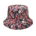 Detail of floral bucket hat featuring red rose and yellow bird patterns on black fabric - Red Rose Yellow Bird(4#)
