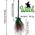 Luminous Halloween witch broom with green bow and dimensions shown on white background - Spider Web Brown