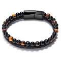 Men's woven leather bracelet with tiger eye beads and black magnetic buckle - 19cm / Tiger's Eye